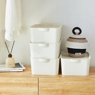 Коробки для замовлення RMAN, коробка для зберігання з кришкою, набір з 4 кухонних органайзерів Пластикова коробка з кришкою 15 л штабельовані пластикові ящики для кухні, спальні, ванної кімнати, зберігання - білий А-білий