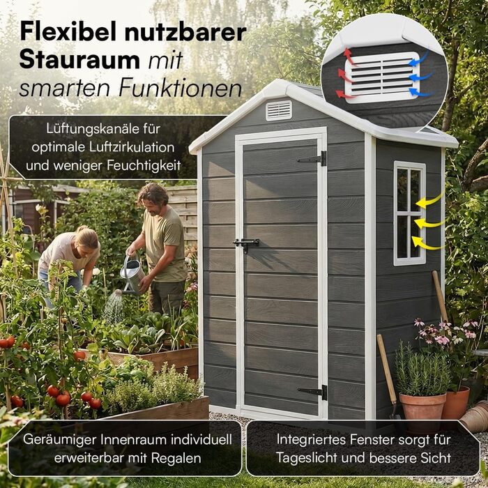Садовий будиночок STEELSØN Novara 192x92x151 см – пластиковий сарай для інструментів з вікном, стійкий до погодних умов, темно-сірий