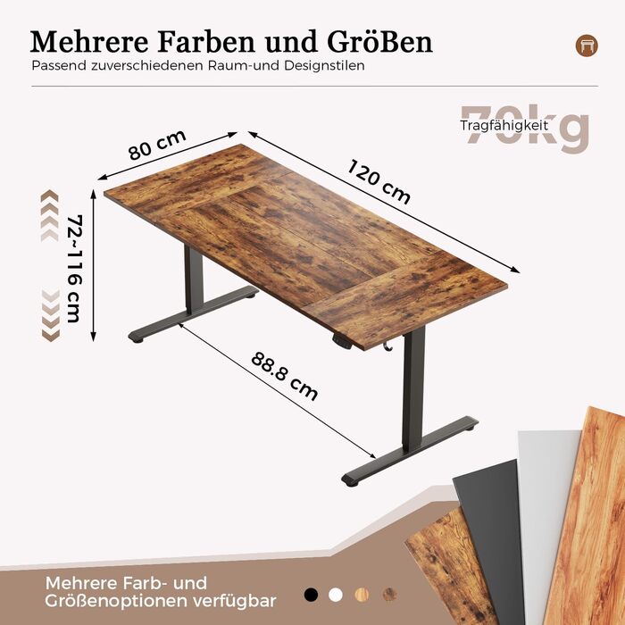 Регульований стіл Klicelor, електричний підйомний стіл, офісний стіл для комп'ютера з 2 функціями пам'яті, білий (колір Braun, розмір 120 x 80 см)