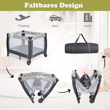 Детское путешествие 102x72 см: складная кроватка-манеж для новорожденных и детей 0-36 месяцев с матрасом, колесиками, москитной сеткой и пеленальным столиком, 3 в 1 (Model 2-gray)