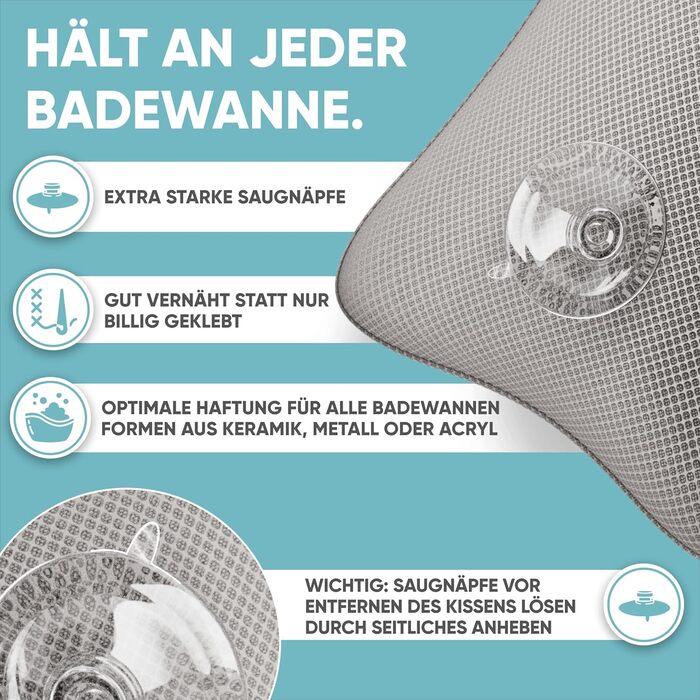 Преміум подушка для ванни сірого кольору | Подушка для ванни швидковисихаюча з великими присосками для надійного кріплення | Подушка для ванни з можливістю прання | Подушка для оптимального розслаблення шиї, сірого кольору