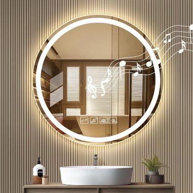 Круглий дзеркало для ванної кімнати з підсвічуванням, 60 см, протитуманне скло, LED, Bluetooth, сенсорне управління, регулювання яскравості, 3000K-4000K-6500K, HD-загартоване скло, 600x600 мм