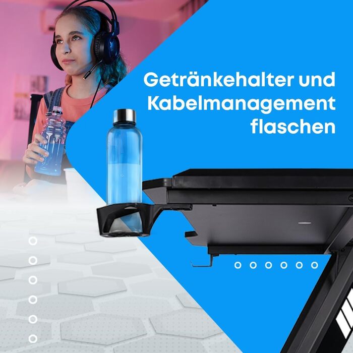 Ігровий стіл NK з LED-підсвічуванням (120x60 см) - з тримачем для напоїв та пляшок, тримачем для навушників, кабельною організацією, стільниця 1.5 см, вантажопідйомність 100 кг, рожевий