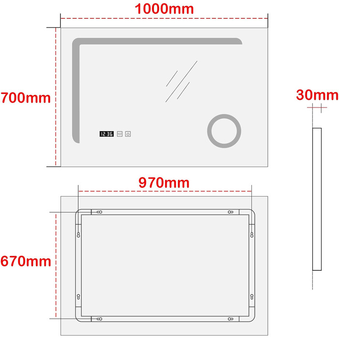 Дзеркало для ванної кімнати pro.tec LED Chambave з підсвічуванням, 3 кольори світла, вертикальне, з лупою та годинником (60 x 80 см, срібне)