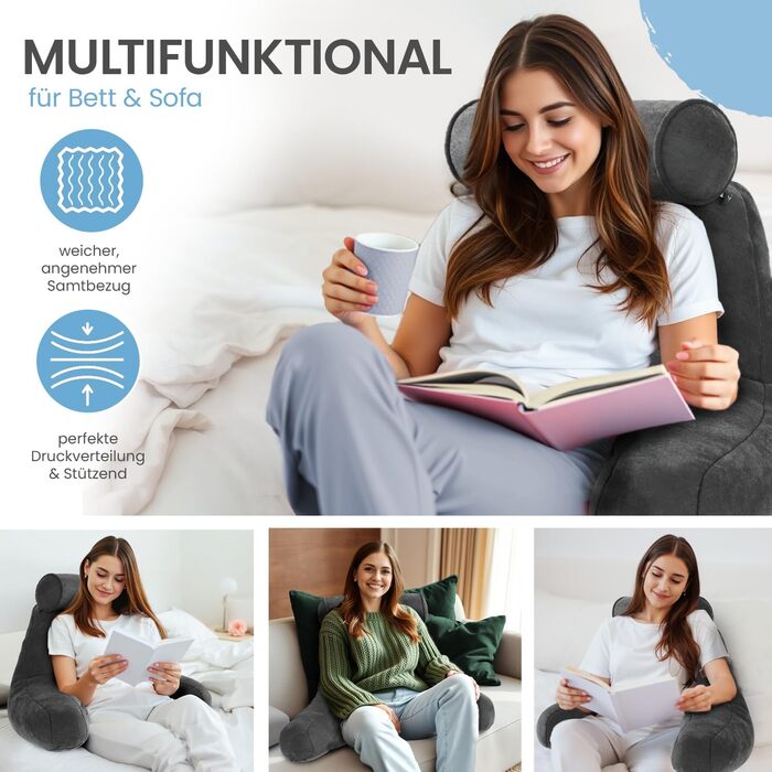 Подушка для спини ELONEO з підлокітниками – для ліжка та дивана. Зробить підтримку спини, голови та шиї більш комфортною (з роликом для шиї)