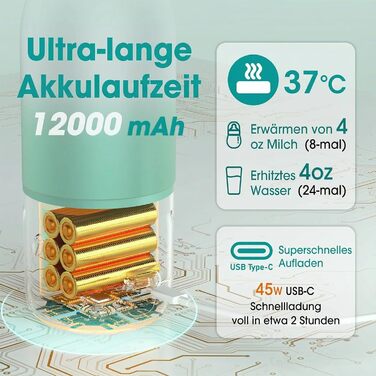 Портативний підігрівач пляшечок для дитини, швидкий нагрів, акумулятор 12000mAh, 2 режими нагріву (молоко/вода), об'єм 355мл, кришка з трубочкою