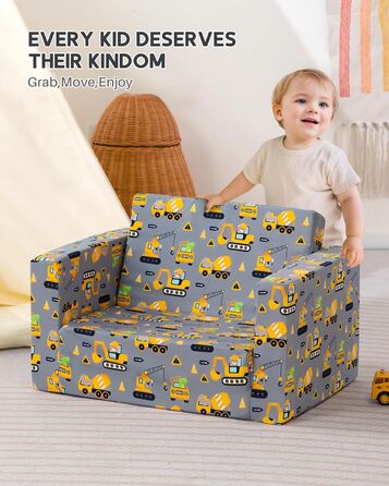 Дитяче диван-ліжко BEJOY 2 в 1: диванчик та крісло, Sherpa, сірий з машинками для дитячої кімнати, подарунок