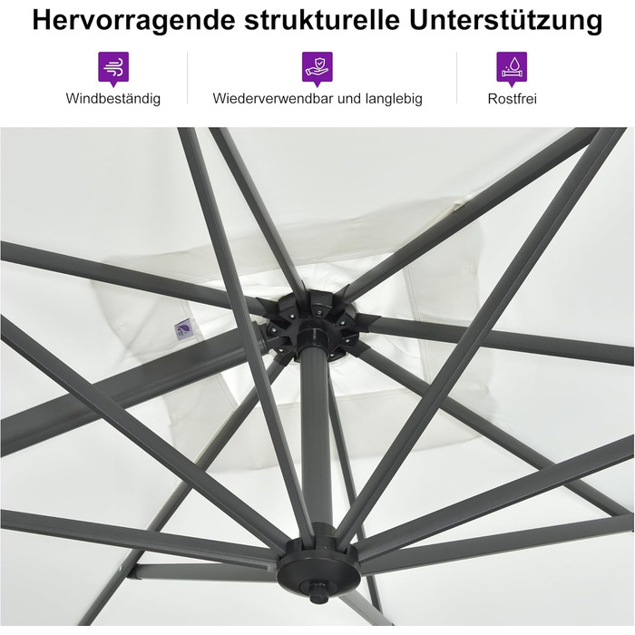 Парасолька від сонця PURPLE LEAF 300x300 см, велика підвісна парасолька-ампел з рукою-курбою, поворотом на 360° та хрест-підставкою для тераси та балкона, біла