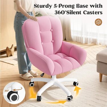 Крісло для дому та макіяжу 2-в-1, ергономічне, обертове на 360°, регульоване по висоті, для робочого кабінету або спальні (без подушки, Рожеве)
