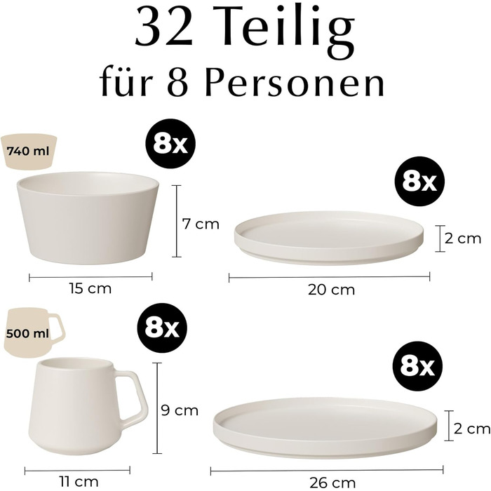 Набір посуду Miamio на 8 осіб (24 шт.) з каменю, сучасний сервіз – підходить для миття в посудомийній машині та використання в мікрохвильовій печі – розкішна колекція (білий)