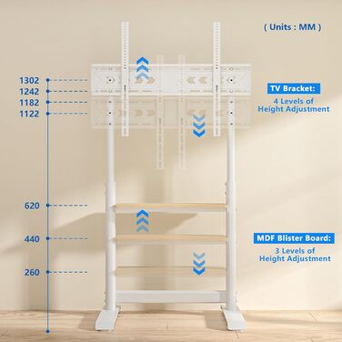 Підставка для телевізора TVON: для плоских та вигнутих екранів 60-86 дюймів, регульована висота, до 68 кг, VESA 800x600 мм, білий