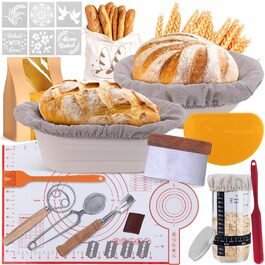 Набір для закваски хліба: 22см круглий та 23см овальний кошик для підйому тіста, скляна тара для закваски, аксесуари для випічки для початківців та хобі-пекарів, великий подарунковий набір для випічки