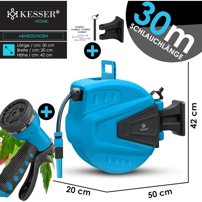 KESSER® Автоматична кавова машина для шлангів 30м з підключенням до стіни, автозмотування, поворот 180°, насадка-пістолет з 9 режимами, 2 насадки (Синій)