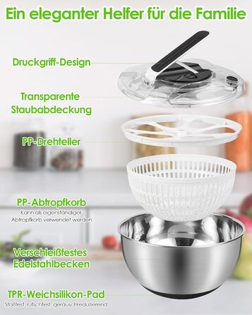 Салатниця-центрифуга з нержавіючої сталі, 4.5L, механічна, для миття та відціджування салатів та макаронів