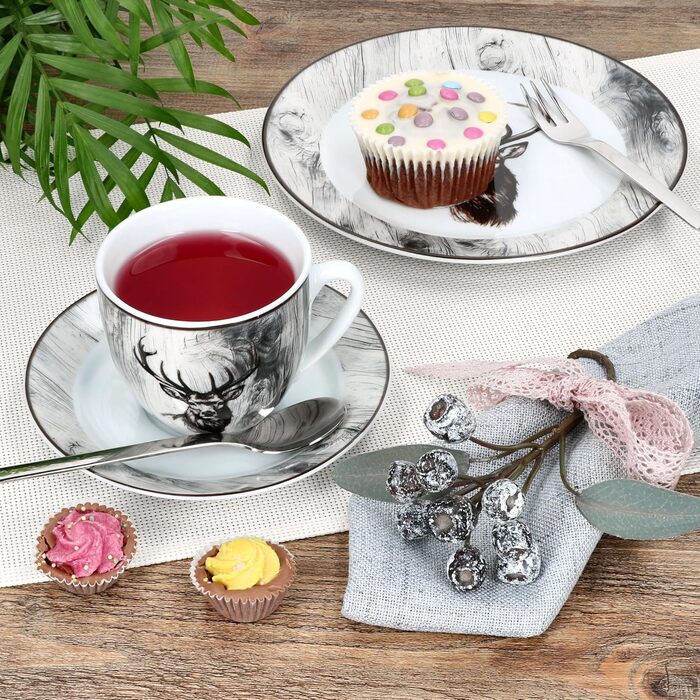 MamboCat Alois - кавовий сервіс на 6 осіб, 18 предметів, біле фарфорове посуд з декором оленів, 6 чашок 200 мл, 6 підставок та тарілки для сніданку та кави