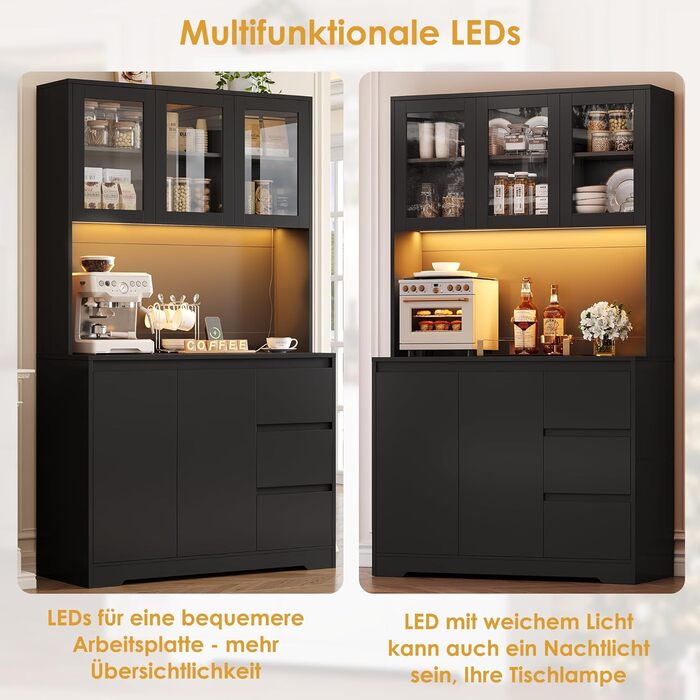 Чорний кухонний буфет з LED-підсвіткою, стільницею та 3 висувними ящиками, 180x100x38.5 см
