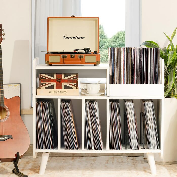 Стіл для програвача вінілу, стійка для програвача середини століття з місцем для зберігання до 350+ платівок, шафа для вінілових платівок з регульованими полицями (Білий)