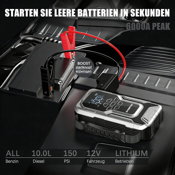 Powerbank Starthilfe 6000A з компресором 150PSI: портативний пусковий пристрій для авто та мото (бензин, дизель до 10.0L) з LED-ліхтариком QC3.0, срібний