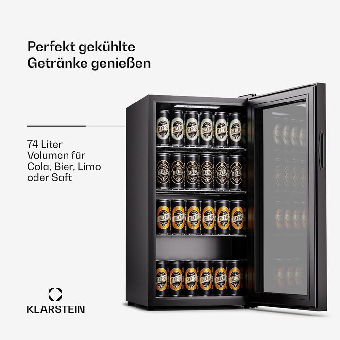 Холодильник для напоїв Klarstein: компактний міні-холодильник 74 л з 2 полицями, тихий, для офісу, кемпінгу, з скляною дверцятами, діапазон температур 3-10°C, Onyx