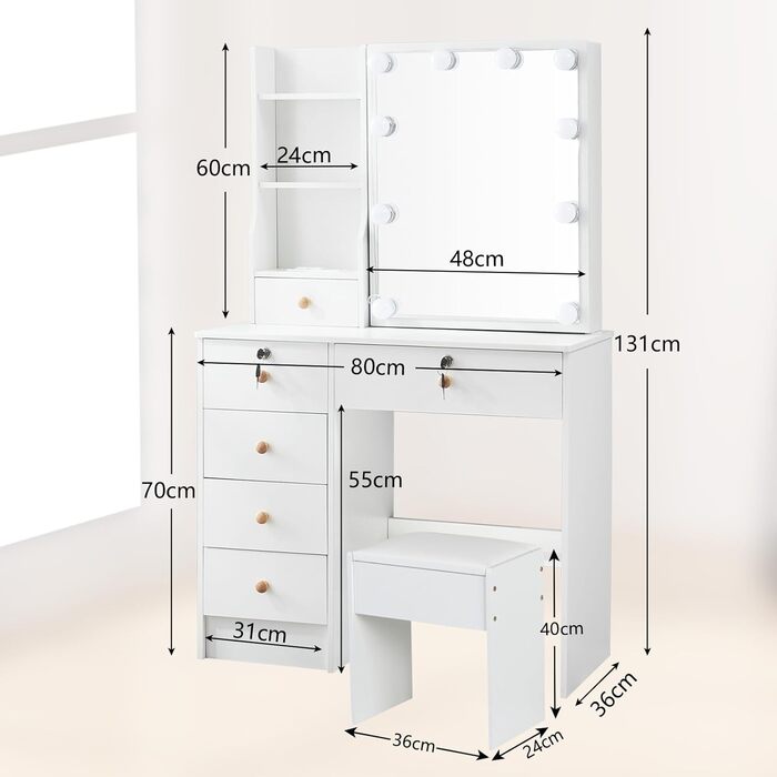Туалетний столик зі світлом та дзеркалом, з пуфом, 6 шухляд та 6 полиць, 80x36x130 см (PW5)