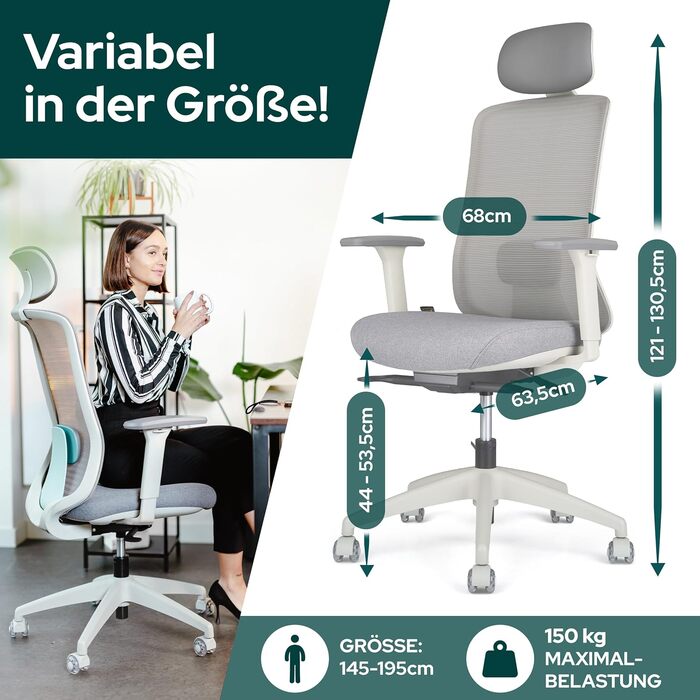 Ергономічне крісло Schekka® для офісу - переможець тестів. Індивідуальне регулювання, підтримка голови та попереку, 3D підлокітники, дихаюча сітка. Макс. вага 150 кг (Світло-сірий/М'ятний)