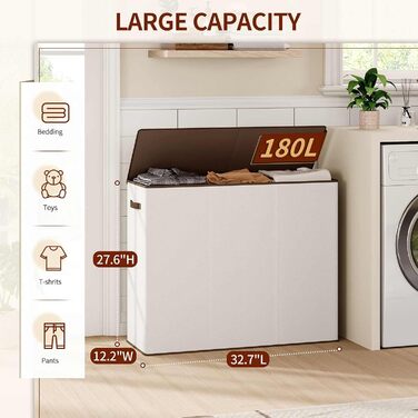 Кошик для білизни Relefree з 3 відділеннями, 180 л, великий кошик для сортування білизни, з 3 знімними мішками, з кришкою, для спальні, ванної кімнати, гуртожитку, кольору слонової кістки