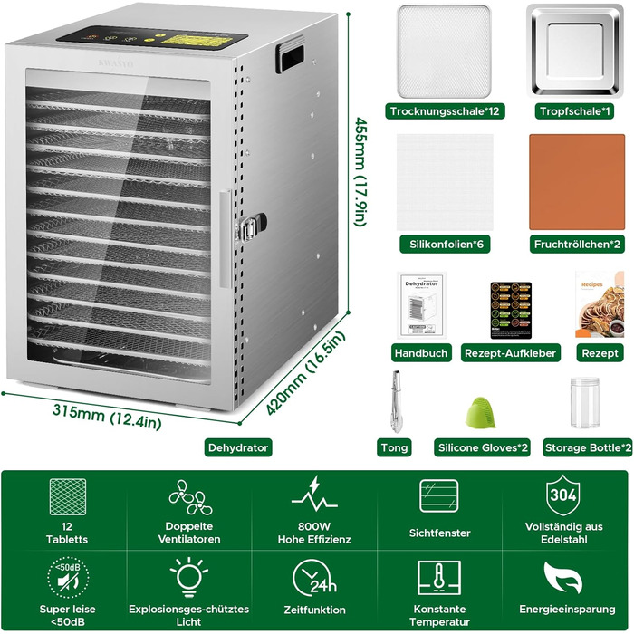 Електрична сушарка для продуктів Kwasyo з нержавіючої сталі, 12 ярусів, 30-90°C, таймер 24 год