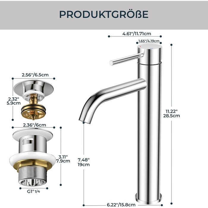 Змішувач для ванної кімнати FORIOUS з набором для зливу, чорний, висота виливу 190 мм, однорідний змішувач для умивальника