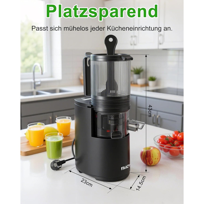 Електричний соковитискач для цілих овочів та фруктів, 130 мм, з широкою подачею, легкий у чищенні, чорний