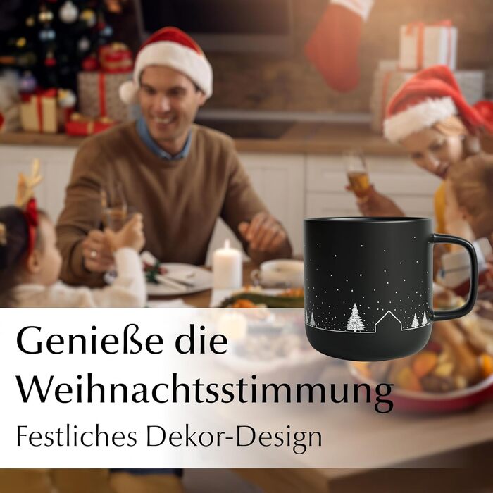 Набір чашок Miamio на Новий Рік, 4 шт, 500 мл (чорні) / Кавові чашки для святкування, мінімалістичний зимовий дизайн, подарунок на Новий Рік, безпечні для миття в посудомийній машині та використання в мікрохвильовій печі – Зимова колекція