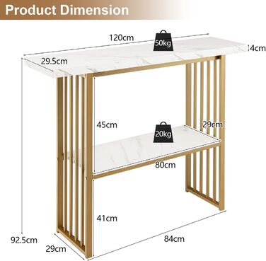 Сталевий консольний стіл GIANTEX з мармуровим візерунком, 2 полиці, економія місця, 120 x 29.5 x 93 см