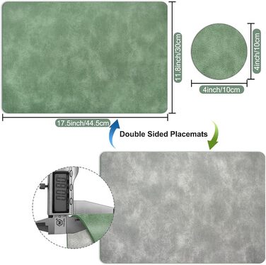 Набори підставки під гаряче та серветки 6 шт. | Коричневе шкіряне покриття з ефектом крави | Стійкі до подряпин, водонепроникні | Для обіднього столу, кухні, квартири | Зелений та сірий набір 6 шт.