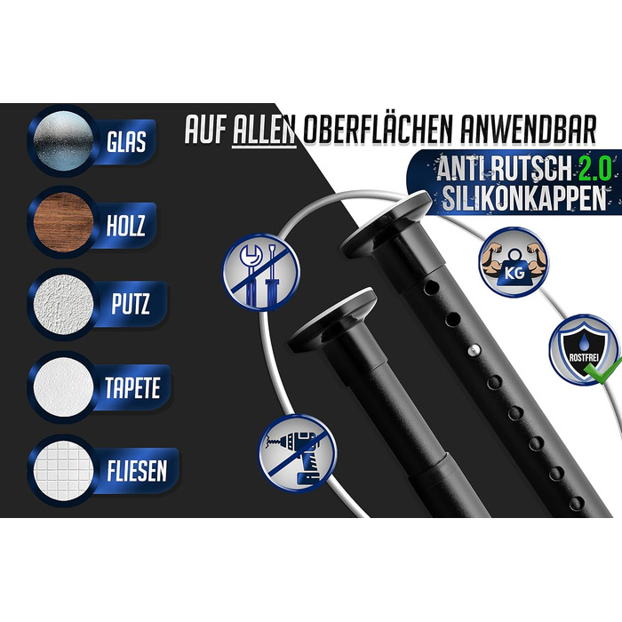 Штанга для душу без свердління 160-210 см, Ø 32 мм, з кріпленнями - для завіс у ванну, міжкімнатні перегородки та кухня