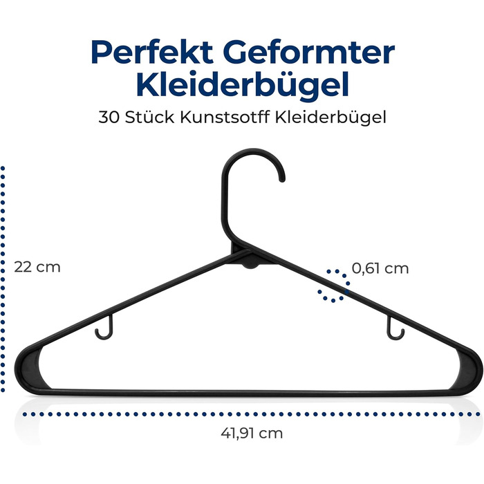 Плечики для одягу SereneLife, 30 шт., чорні, з антиковзаючим покриттям, ультратонкі, міцні, 42 см, 0.6 см товщина