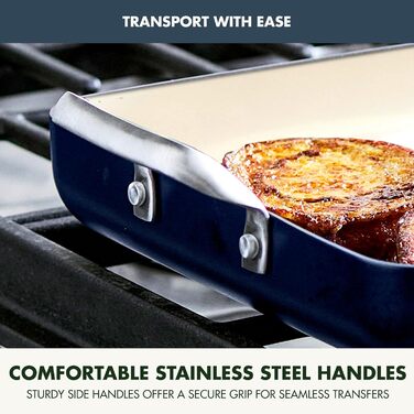 GreenPan сковорода-гриль з подвійним дном, 45.7 x 27.9 см, керамічне покриття, антипригарна, без PFAS, нержавіючі ручки, для плити, посудомийна машина, духовка та гриль, блакитний колір Oxford