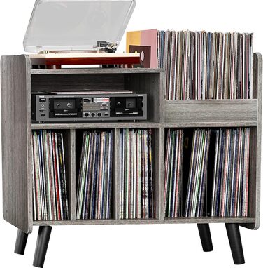 Стіл для програвача, стійка для вінілових пластинок середини століття з місцем для зберігання до 350+ альбомів, шафа для вінілу з регульованими полицями (Сірий)