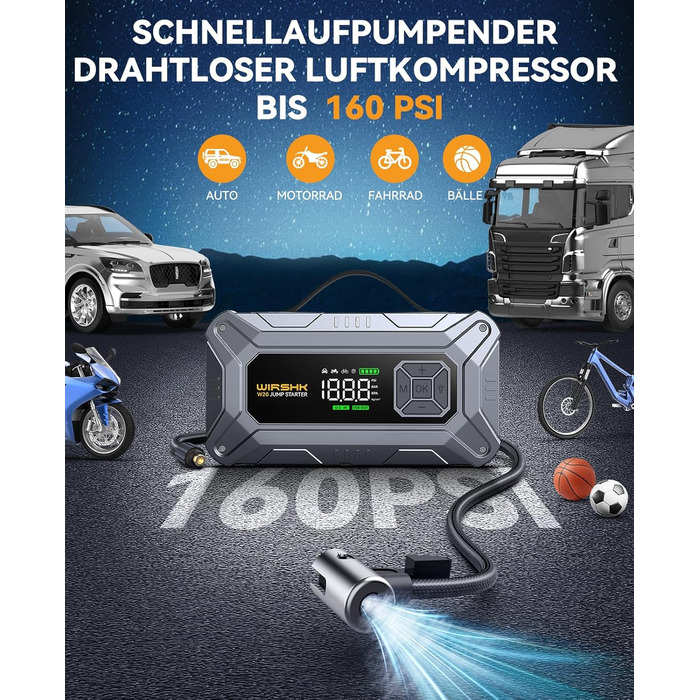 Портативний пусковий пристрій 8000A з повітряним компресором 160 PSI для бензинових та дизельних двигунів (до 10л), з дисплеєм та аварійною світлодіодною лампою