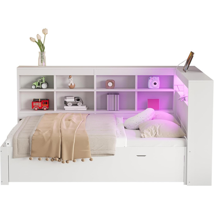 Диван-ліжко Kehun Doppelbet 140x200 см з LED та USB, ящик для зберігання та полиця, білий, без матраца