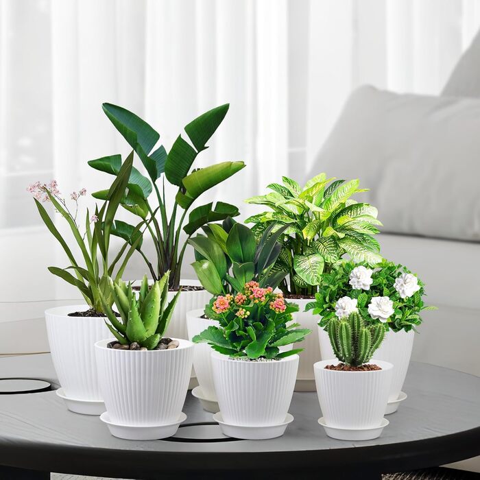 Набір горщиків для квітів Blumentopf (8 шт.) з підставками, різні розміри (10-19 см), пластик, білий. Ідеально для дому та балкона.