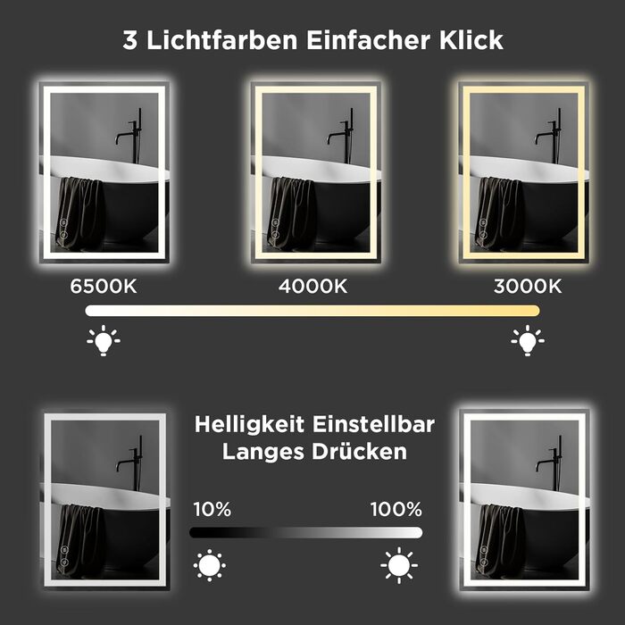 Дзеркало у ванну кімнату з підсвічуванням 50x70 см, сенсорне керування, протитуманне покриття, 3 кольори світла, регулювання яскравості, пам'ять налаштувань, матове покриття, прямокутна форма