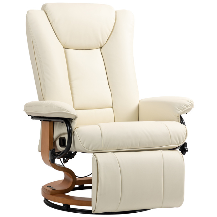 Крісло під телевізор HOMCOM Reclining Recliner Swivel з функцією відкидання та підставкою для ніг до 150 кг, штучна шкіра кремово-білого кольору для вітальні