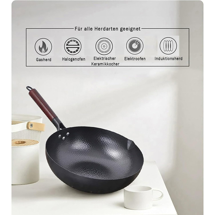 LIYGAOF Вок з кришкою 32 см з чавуну: Вок для всіх типів плит, кована чавунна сковорода, без хімічного покриття, легко миється