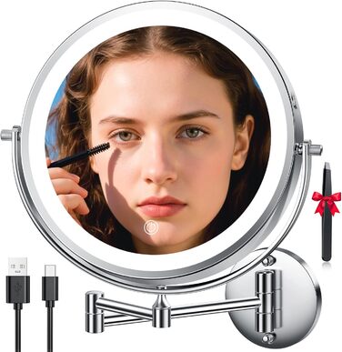 Дзеркало для макіяжу Auxmir з підсвічуванням, перезаряджуване, 3200mAh, для гоління, настінне, з регулюванням яскравості, 3 кольори світла, 360° обертання, для ванної кімнати (срібний, 30X, 10 дюймів)