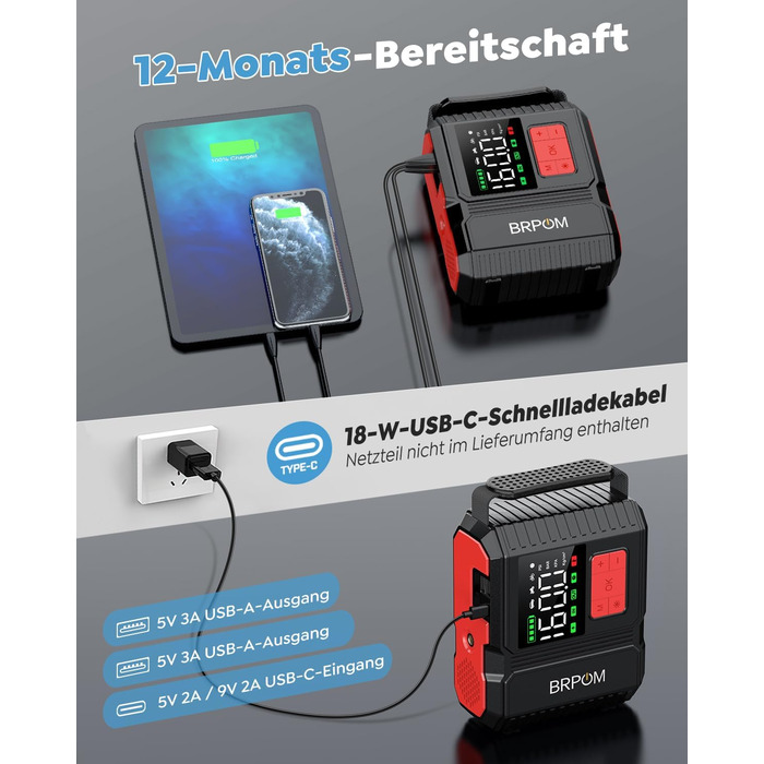 Портативний пусковий пристрій BRPOM з компресором та LED-ліхтарем, 26800mAh, 160PSI, сумісний з бензиновими та дизельними двигунами (до 12.0L)