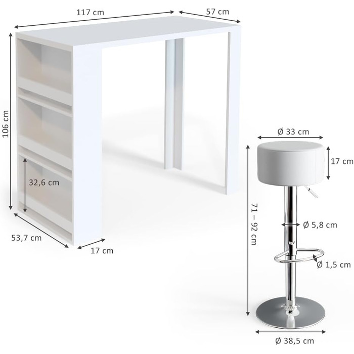 Набір барний стіл та табурети Vicco Bartisch-Set, 117 x 57 см, 2 табурети (білий)