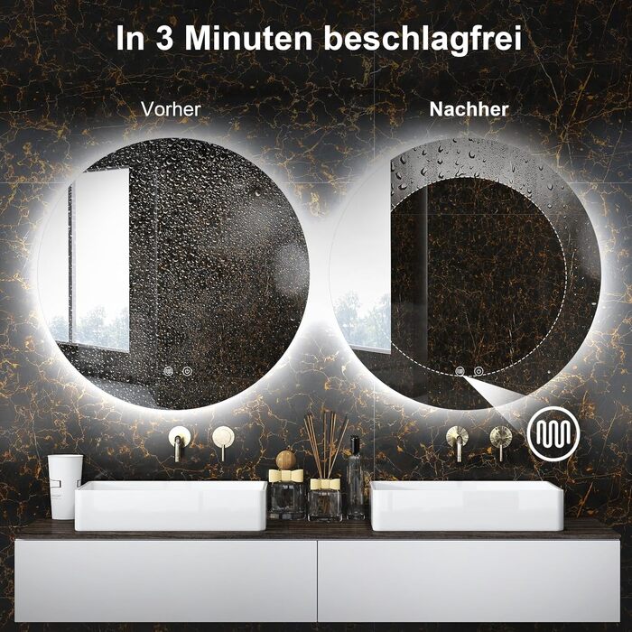 LED дзеркало для ванної кімнати з підсвічуванням, кругле, диммер, 3 кольори світла (3500K-6500K), сенсорне керування, протизапотівання, 80 см, для макіяжу та гоління