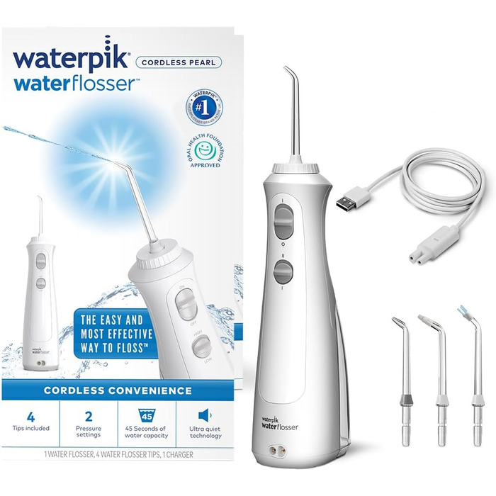 Waterpik Advanced Бездротова Іригатор для Ротової Порожнини, Іригатор для Зубів, Білий, 4 Насадки, 3 Режими, Індукційна Зарядка
