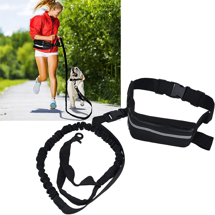 Біговий повідець для собак для бігу повідець для собак без допомоги рук з кишенею на блискавці міцне банджі зі світловідбиваючими смужками регульований поясний ремінь для прогулянок (чорний)