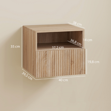 Приліжкова тумбочка з мінімалістичним дизайном без ручок, з відкритою полицею та висувним ящиком, для кріплення до стіни, у світло-коричневому кольорі.