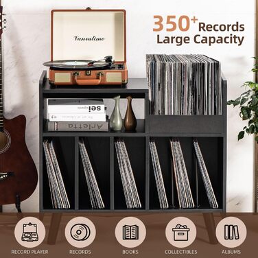 Стіл для програвача, стійка для програвача середини століття з місцем для зберігання вінілу (до 350+ платівок), шафа для вінілових платівок з регульованими полицями (Чорний)